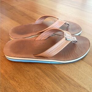 Rainbow Double Layer Leather w/Arch Support Tan/Blue Flip Flops